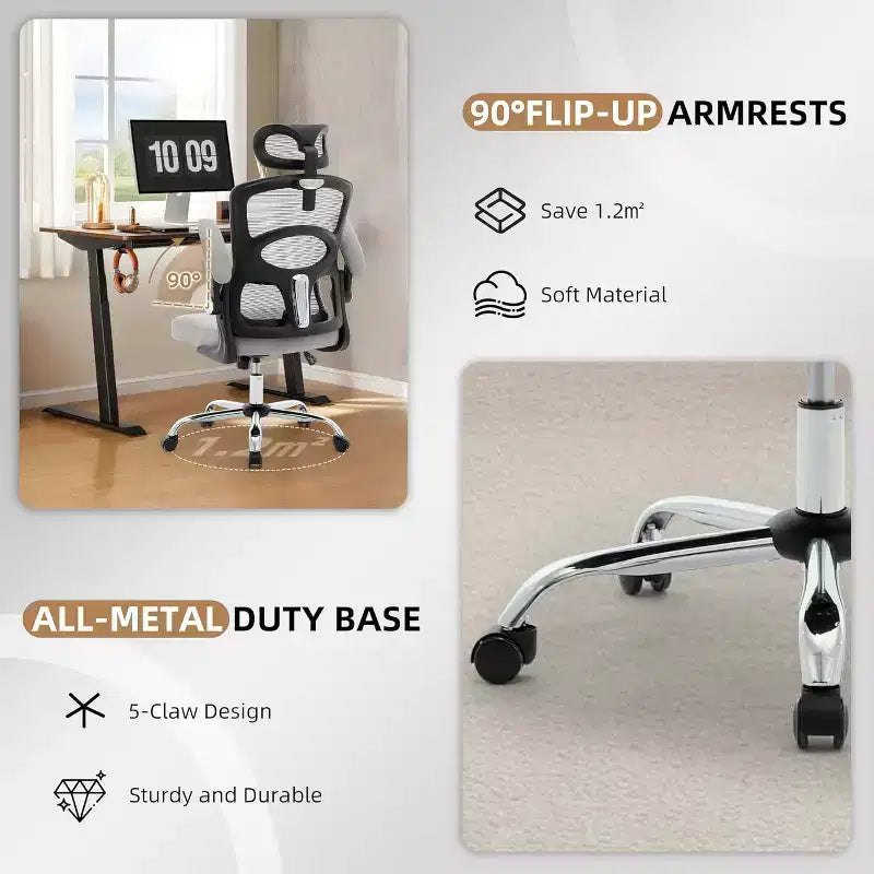 COZONY Sedia da scrivania ergonomica - Sedia da ufficio in rete per la casa con ruote, Sedia da gaming per computer con schienale alto e poggiatesta regolabile per casa, ufficio, grigio