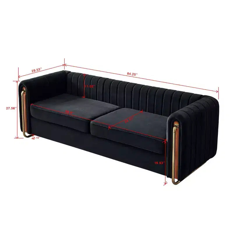 84 Modern Velvet Upholstered Sofa, 3-Seater Sofa Couch with Gold Metal Legs and Rolled Arms for Living Room, Bedroom, or Apartment-Panipeachy