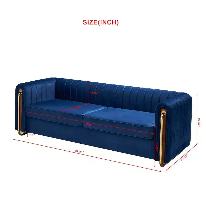 84 Modern Velvet Upholstered Sofa, 3-Seater Sofa Couch with Gold Metal Legs and Rolled Arms for Living Room, Bedroom, or Apartment-Panipeachy