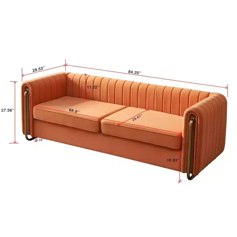 84 Modern Velvet Upholstered Sofa, 3-Seater Sofa Couch with Gold Metal Legs and Rolled Arms for Living Room, Bedroom, or Apartment-Panipeachy