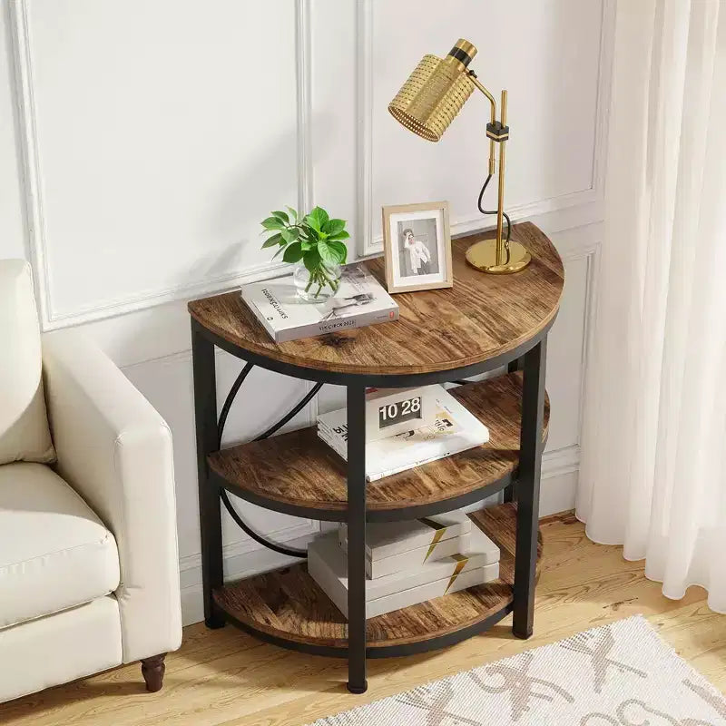 MAYEERTY 3-Tier Half-Round Side Table, Rustic Brown & Black Metal End Table