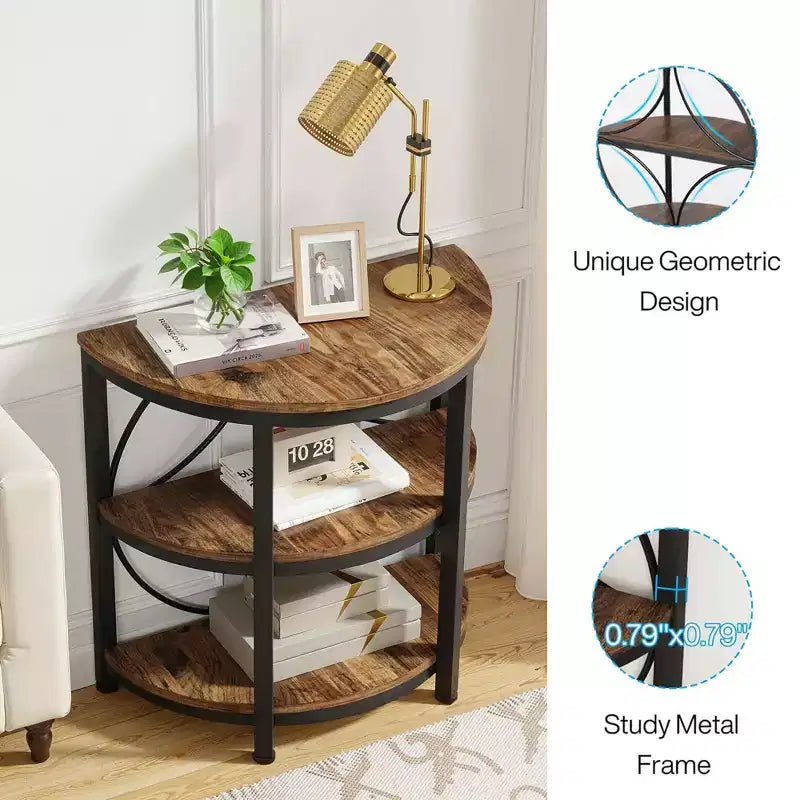 MAYEERTY 3-Tier Half-Round Side Table, Rustic Brown & Black Metal End Table