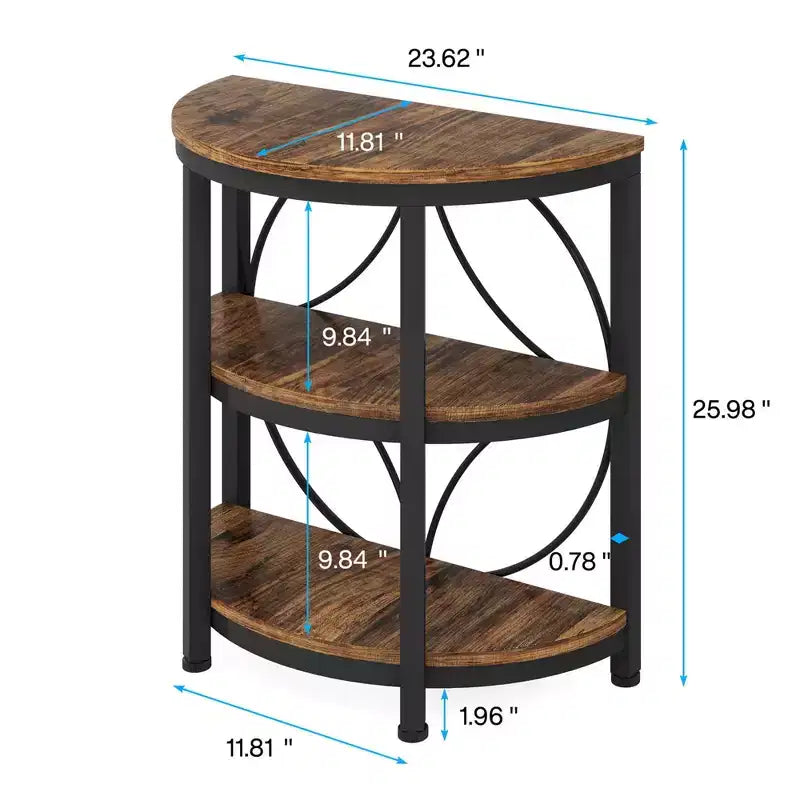 MAYEERTY 3-Tier Half-Round Side Table, Rustic Brown & Black Metal End Table