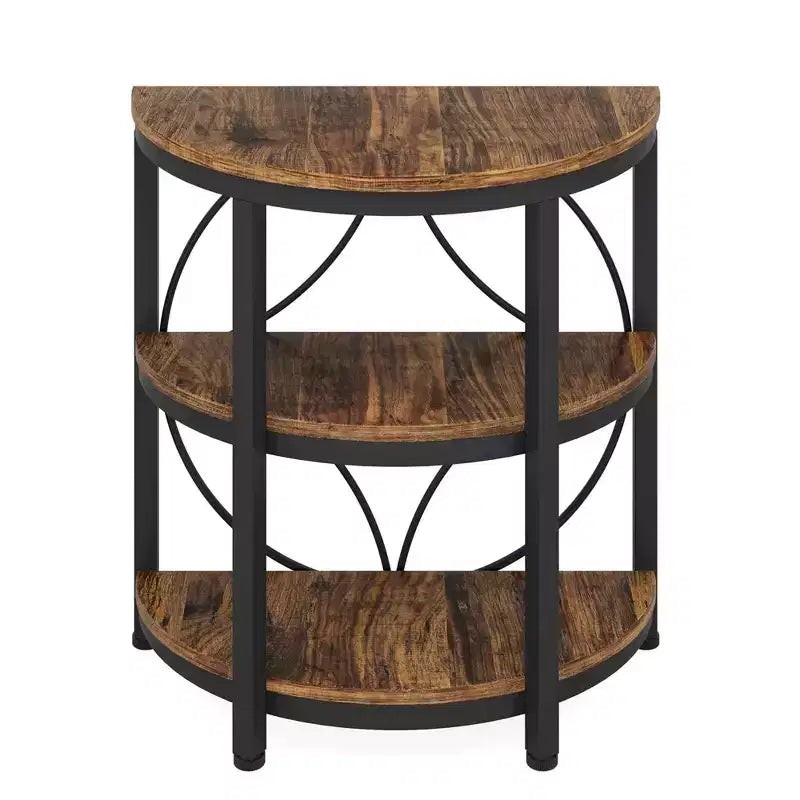 MAYEERTY 3-Tier Half-Round Side Table, Rustic Brown & Black Metal End Table