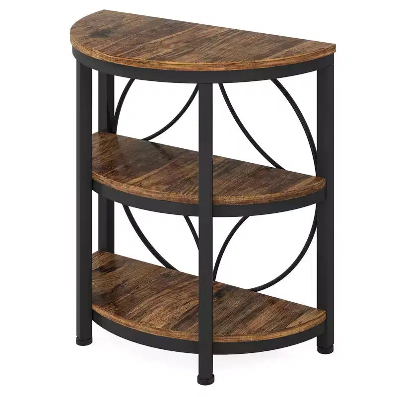 MAYEERTY 3-Tier Half-Round Side Table, Rustic Brown & Black Metal End Table