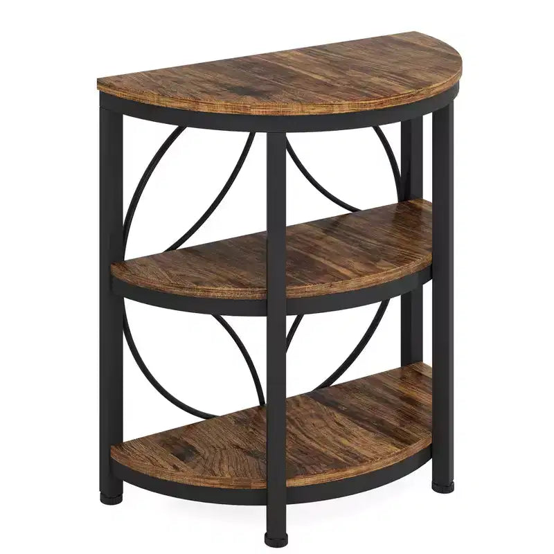 MAYEERTY 3-Tier Half-Round Side Table, Rustic Brown & Black Metal End Table