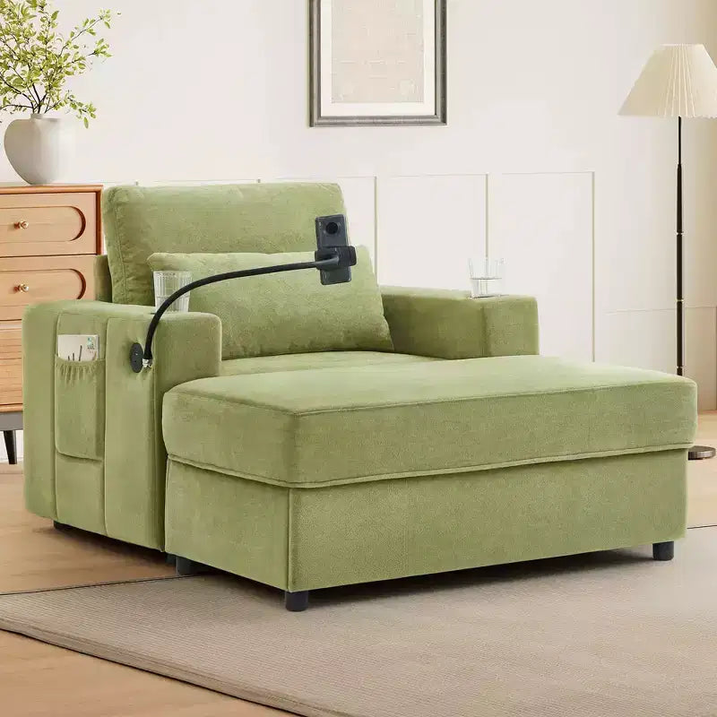 MAYEERTY Modern Style Armhair 42.5 Chaise Lounge Sofa with Movable Storage Ottoman Ports Two Cup Holders Side Pockets for Living Room Green