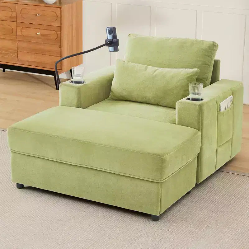 MAYEERTY Modern Style Armhair 42.5 Chaise Lounge Sofa with Movable Storage Ottoman Ports Two Cup Holders Side Pockets for Living Room Green