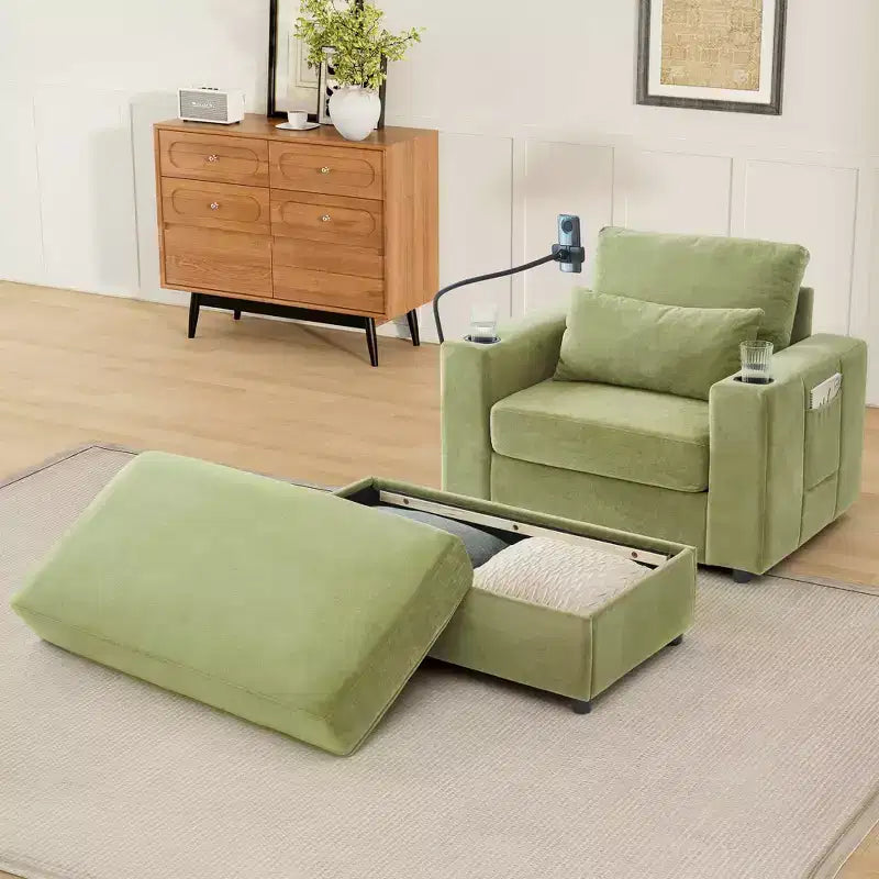 MAYEERTY Modern Style Armhair 42.5 Chaise Lounge Sofa with Movable Storage Ottoman Ports Two Cup Holders Side Pockets for Living Room Green