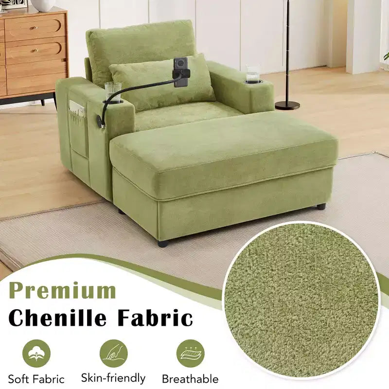 MAYEERTY Modern Style Armhair 42.5 Chaise Lounge Sofa with Movable Storage Ottoman Ports Two Cup Holders Side Pockets for Living Room Green
