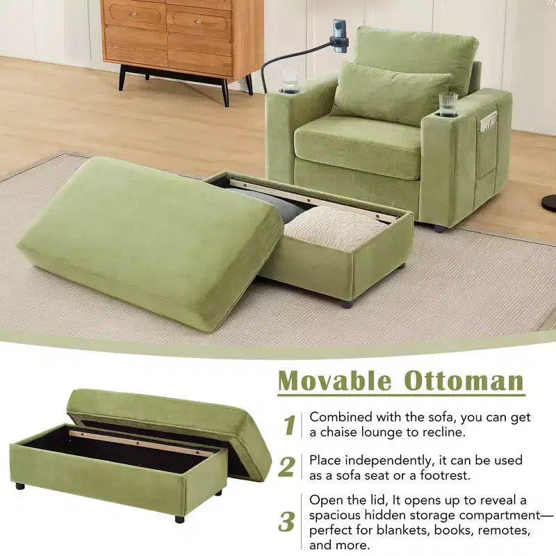 MAYEERTY Modern Style Armhair 42.5 Chaise Lounge Sofa with Movable Storage Ottoman Ports Two Cup Holders Side Pockets for Living Room Green