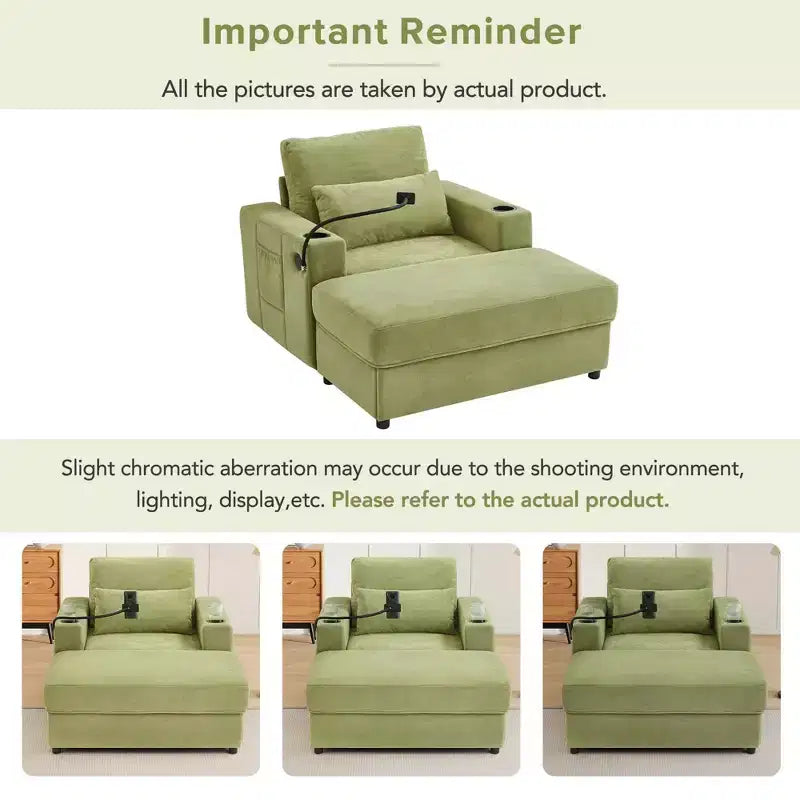 MAYEERTY Modern Style Armhair 42.5 Chaise Lounge Sofa with Movable Storage Ottoman Ports Two Cup Holders Side Pockets for Living Room Green