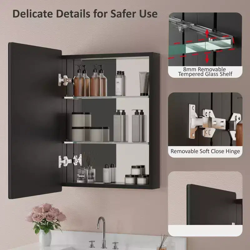 Modern Rounded Corner Metal Frame Medicine Cabinet with Mirror Door,Wall Mounted Bathroom Cabinet