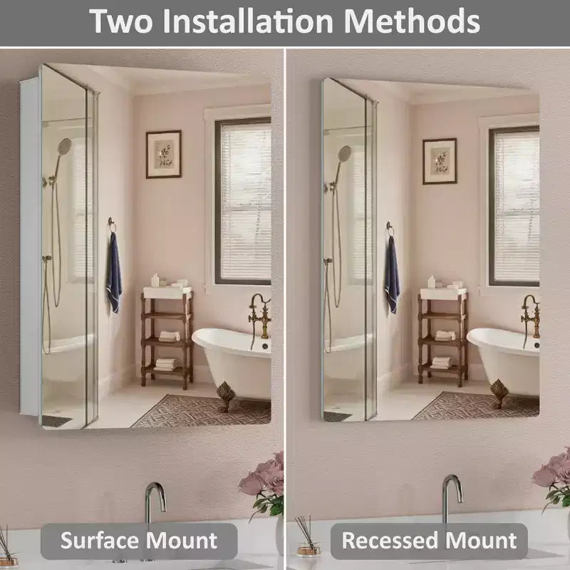 Modern Rounded Corner Metal Frame Medicine Cabinet with Mirror Door,Wall Mounted Bathroom Cabinet