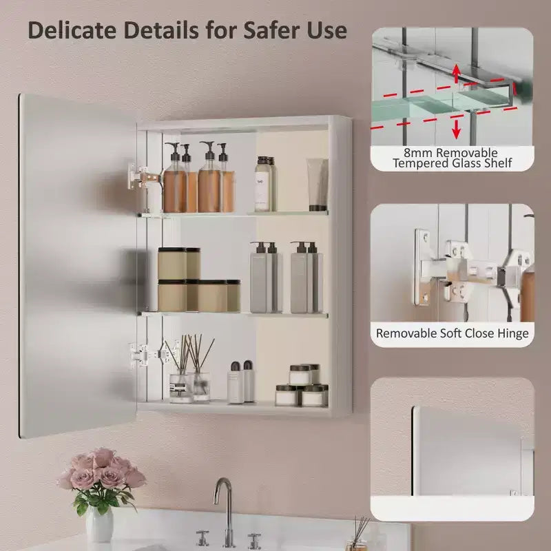 Modern Rounded Corner Metal Frame Medicine Cabinet with Mirror Door,Wall Mounted Bathroom Cabinet
