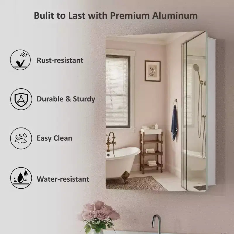 Modern Rounded Corner Metal Frame Medicine Cabinet with Mirror Door,Wall Mounted Bathroom Cabinet