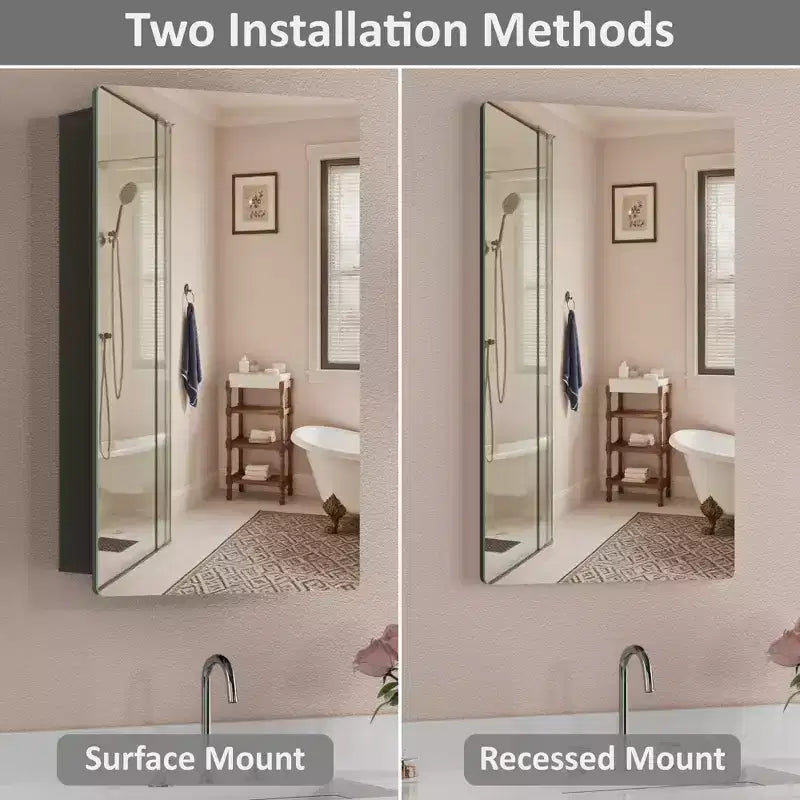 Modern Rounded Corner Metal Frame Medicine Cabinet with Mirror Door,Wall Mounted Bathroom Cabinet