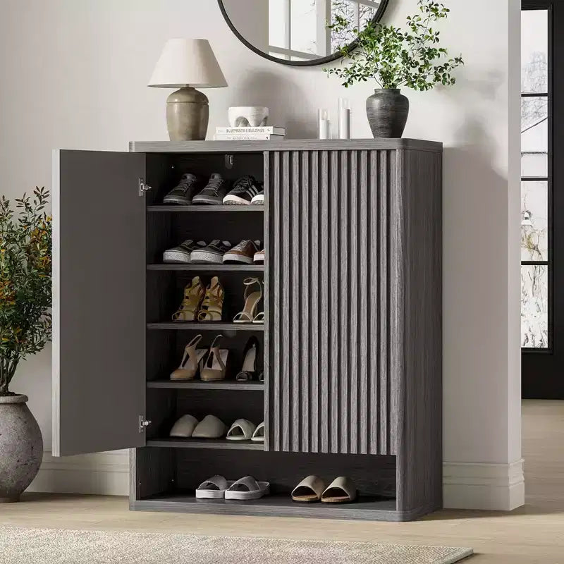 Shoe Cabinet  Modern Fluted Entryway Shoe Storage  31.5x13.8x41.3 Particleboard/MDF  Adjustable Shelves & Doors