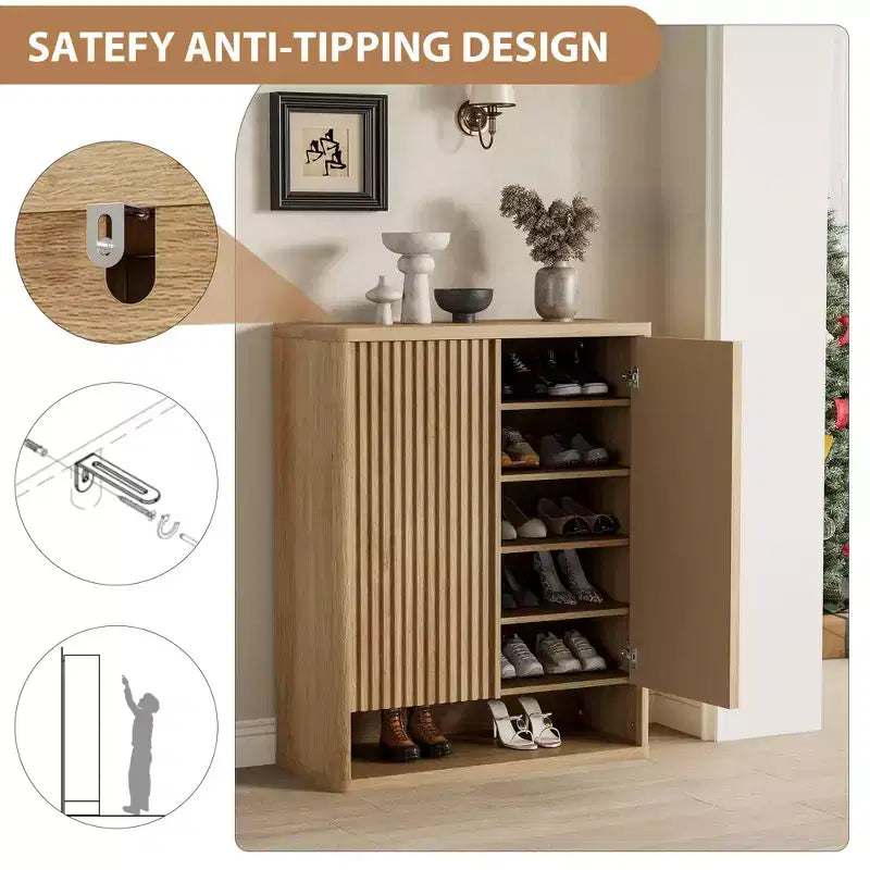 Shoe Cabinet  Modern Fluted Entryway Shoe Storage  31.5x13.8x41.3 Particleboard/MDF  Adjustable Shelves & Doors