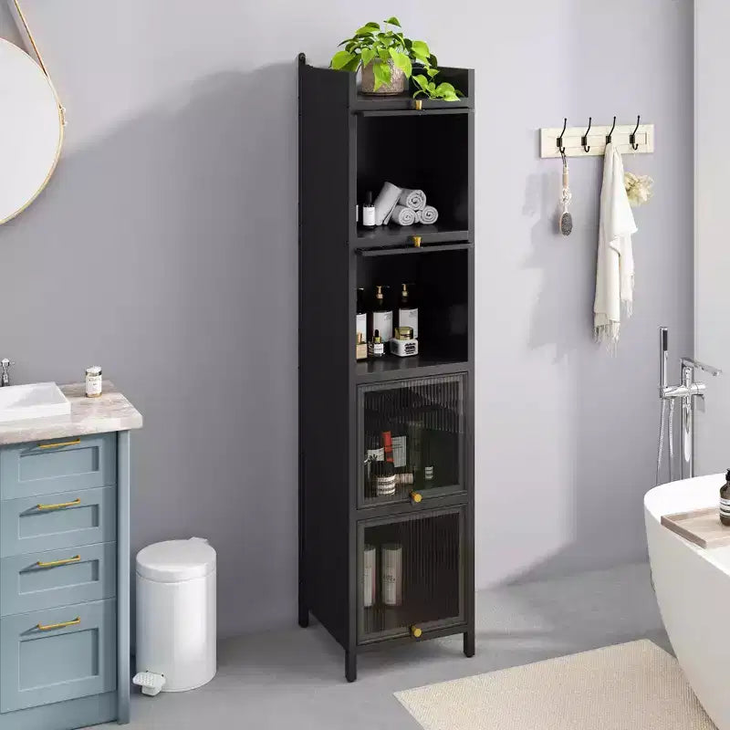 MAYEERTY Modern Four Tiers Glass Door Cabinet with Featuring Five Tiers Storage for Living Room Bathroom Black