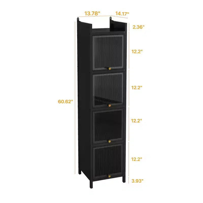 MAYEERTY Modern Four Tiers Glass Door Cabinet with Featuring Five Tiers Storage for Living Room Bathroom Black