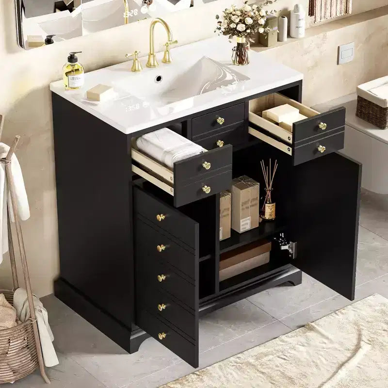 36 Farmhouse Bathroom Vanity with Sink, Single Sink Freestanding Modern Bathroom Vanity Storage Cabinet with 2 Drawers and 2 Cabinets