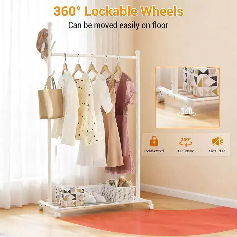 Metal Clothes Rack with Wheels, Freestanding Heavy-Duty Garment Rail, Bottom Storage Shelf & Hooks, Rolling Wardrobe Organizer for Bedroom, Closet