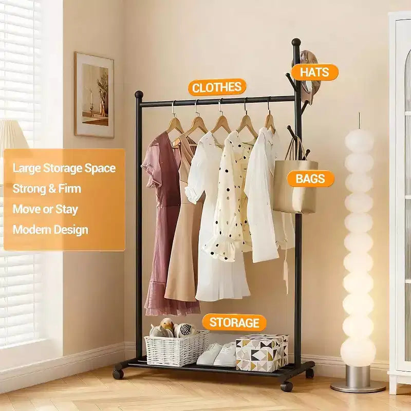 Metal Clothes Rack with Wheels, Freestanding Heavy-Duty Garment Rail, Bottom Storage Shelf & Hooks, Rolling Wardrobe Organizer for Bedroom, Closet