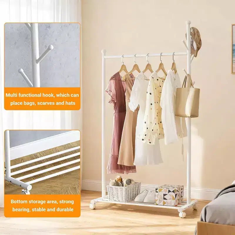 Metal Clothes Rack with Wheels, Freestanding Heavy-Duty Garment Rail, Bottom Storage Shelf & Hooks, Rolling Wardrobe Organizer for Bedroom, Closet