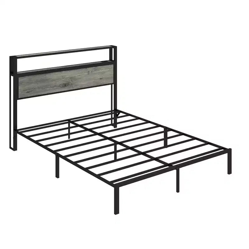 Bellemave Platform Bed Frame with LED Light, USB Charging Station & Headboard, Grey.