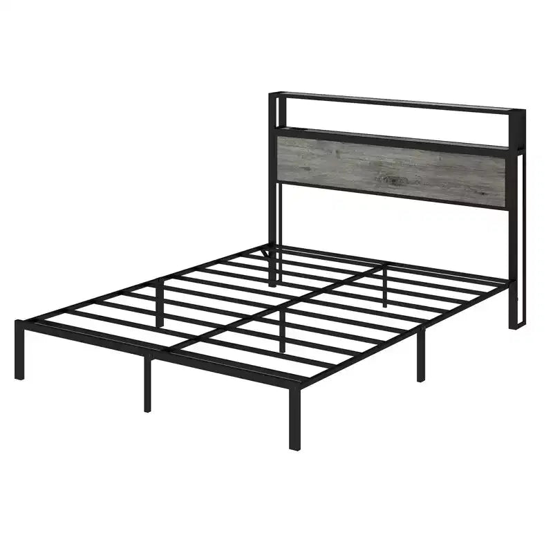 Bellemave Platform Bed Frame with LED Light, USB Charging Station & Headboard, Grey.