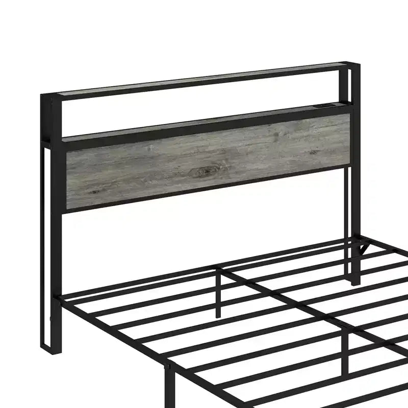 Bellemave Platform Bed Frame with LED Light, USB Charging Station & Headboard, Grey.