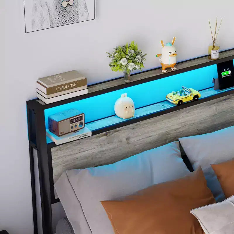 Bellemave Platform Bed Frame with LED Light, USB Charging Station & Headboard, Grey.