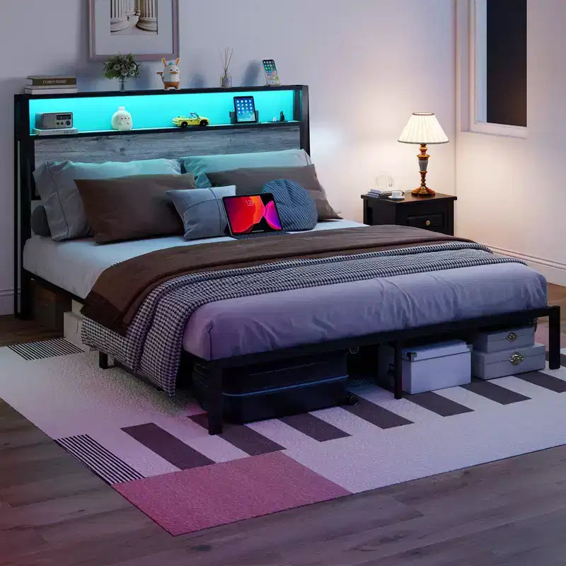 Bellemave Platform Bed Frame with LED Light, USB Charging Station & Headboard, Grey.