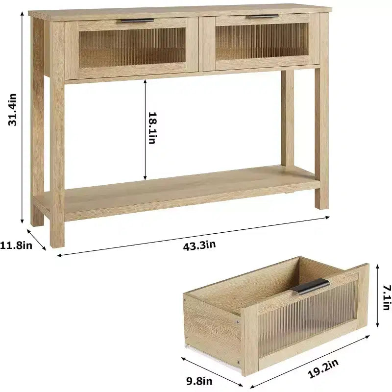 Acekool Rustic Farmhouse Console Table, 43 Wooden Sofa Table with 2 Glass-Front Drawers, 2-Tier Open Storage Shelf, Modern Accent for Hallway