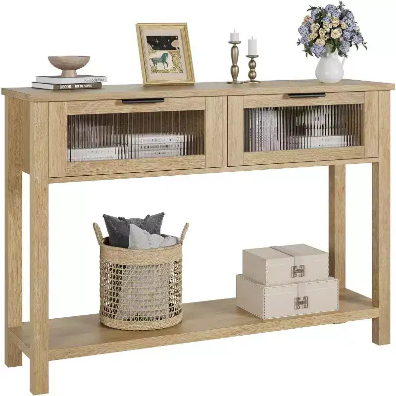 Acekool Rustic Farmhouse Console Table, 43 Wooden Sofa Table with 2 Glass-Front Drawers, 2-Tier Open Storage Shelf, Modern Accent for Hallway