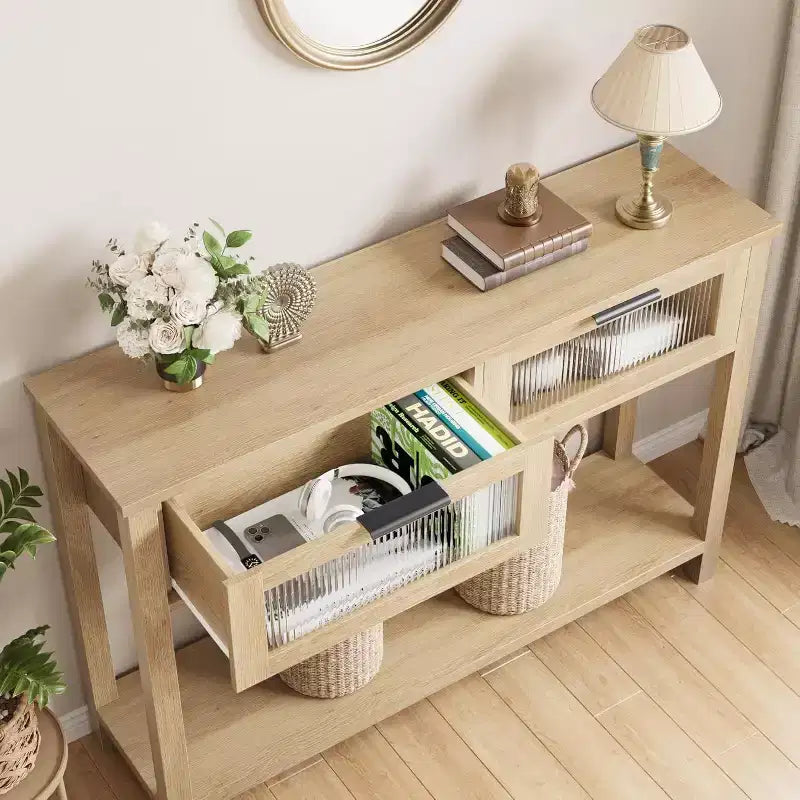 Acekool Rustic Farmhouse Console Table, 43 Wooden Sofa Table with 2 Glass-Front Drawers, 2-Tier Open Storage Shelf, Modern Accent for Hallway