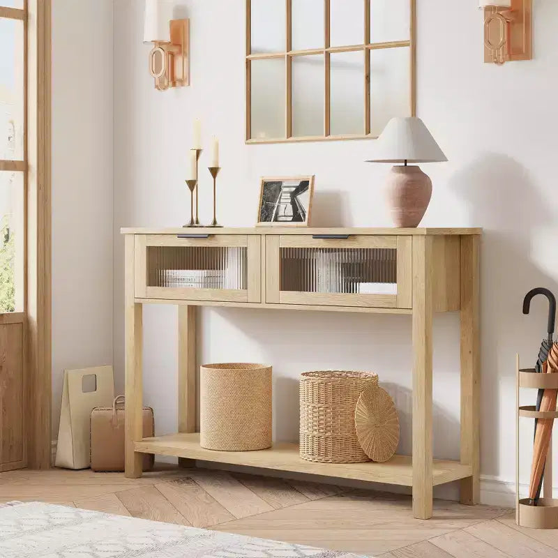 Acekool Rustic Farmhouse Console Table, 43 Wooden Sofa Table with 2 Glass-Front Drawers, 2-Tier Open Storage Shelf, Modern Accent for Hallway