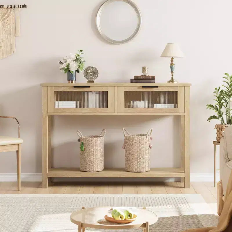 Acekool Rustic Farmhouse Console Table, 43 Wooden Sofa Table with 2 Glass-Front Drawers, 2-Tier Open Storage Shelf, Modern Accent for Hallway