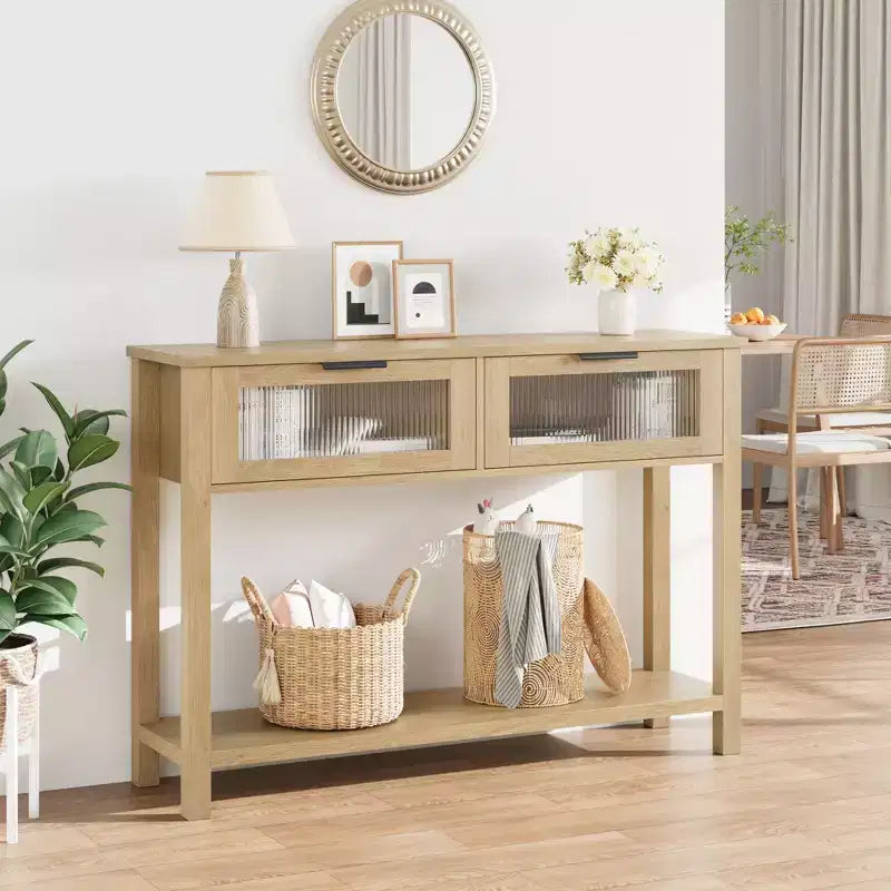 Acekool Rustic Farmhouse Console Table, 43 Wooden Sofa Table with 2 Glass-Front Drawers, 2-Tier Open Storage Shelf, Modern Accent for Hallway