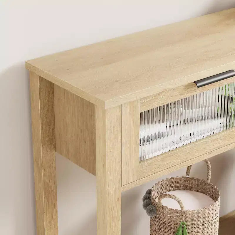 Acekool Rustic Farmhouse Console Table, 43 Wooden Sofa Table with 2 Glass-Front Drawers, 2-Tier Open Storage Shelf, Modern Accent for Hallway