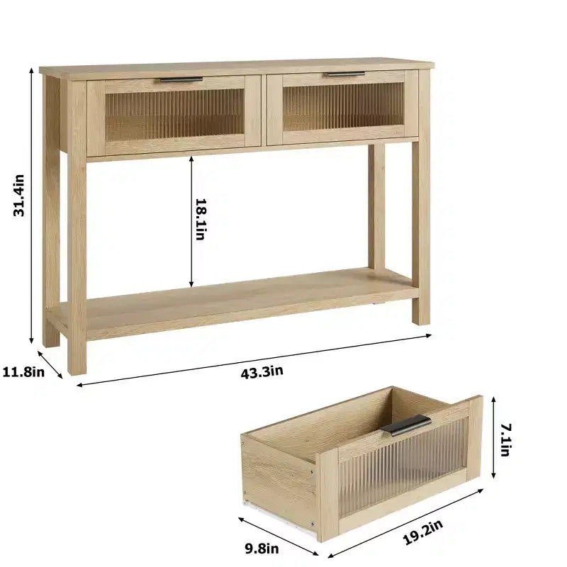 Acekool Rustic Farmhouse Console Table, 43 Wooden Sofa Table with 2 Glass-Front Drawers, 2-Tier Open Storage Shelf, Modern Accent for Hallway
