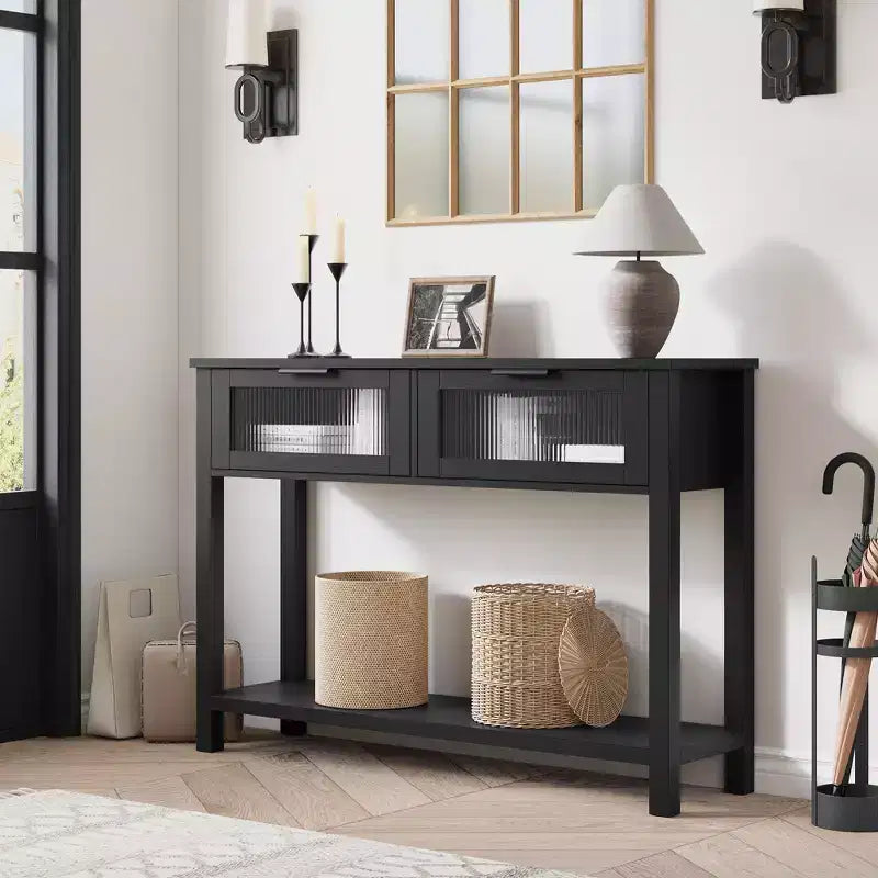 Acekool Rustic Farmhouse Console Table, 43 Wooden Sofa Table with 2 Glass-Front Drawers, 2-Tier Open Storage Shelf, Modern Accent for Hallway