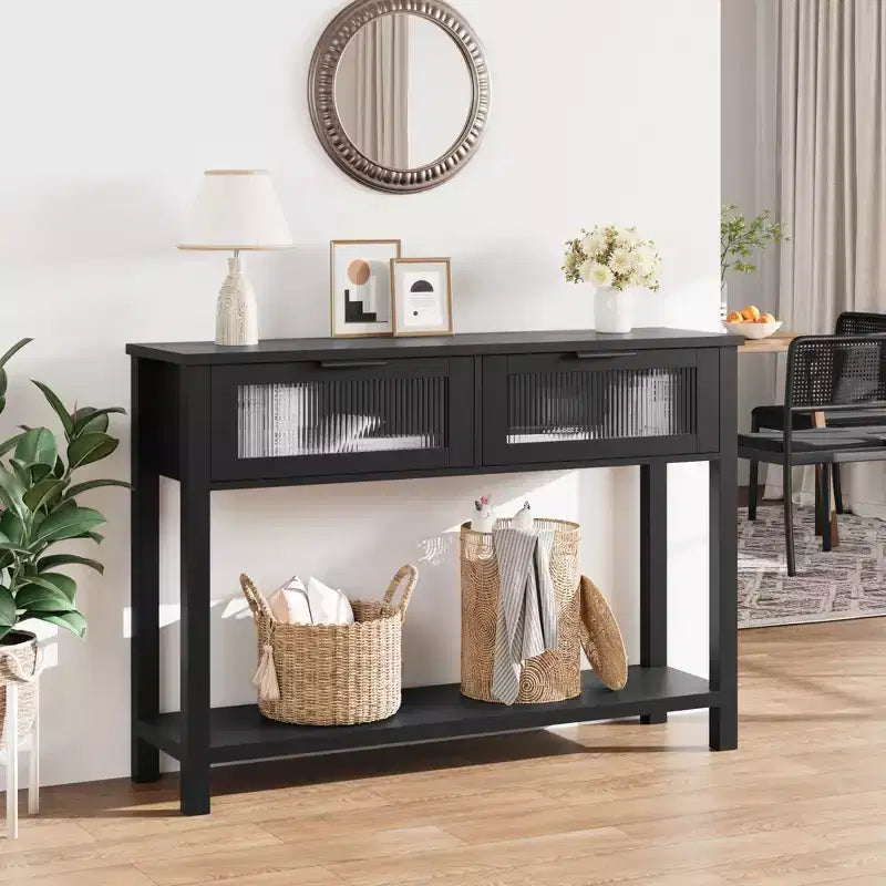 Acekool Rustic Farmhouse Console Table, 43 Wooden Sofa Table with 2 Glass-Front Drawers, 2-Tier Open Storage Shelf, Modern Accent for Hallway