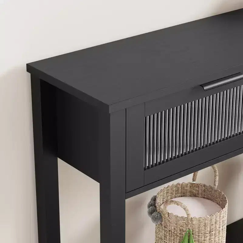 Acekool Rustic Farmhouse Console Table, 43 Wooden Sofa Table with 2 Glass-Front Drawers, 2-Tier Open Storage Shelf, Modern Accent for Hallway