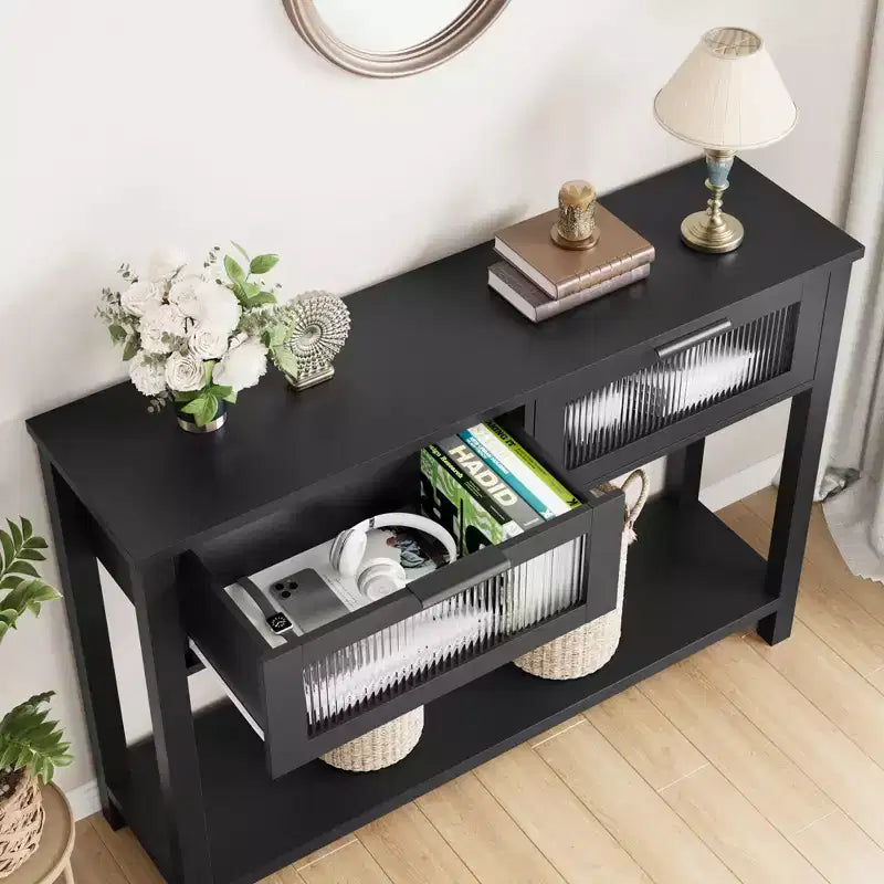 Acekool Rustic Farmhouse Console Table, 43 Wooden Sofa Table with 2 Glass-Front Drawers, 2-Tier Open Storage Shelf, Modern Accent for Hallway