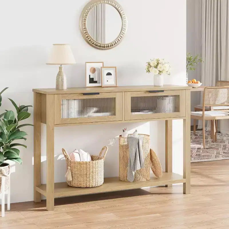 Acekool Rustic Farmhouse Console Table, 43 Wooden Sofa Table with 2 Glass-Front Drawers, 2-Tier Open Storage Shelf, Modern Accent for Hallway