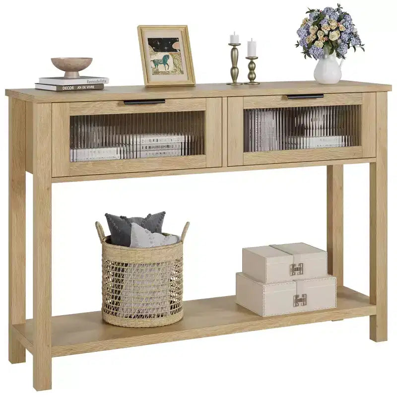 Acekool Rustic Farmhouse Console Table, 43 Wooden Sofa Table with 2 Glass-Front Drawers, 2-Tier Open Storage Shelf, Modern Accent for Hallway