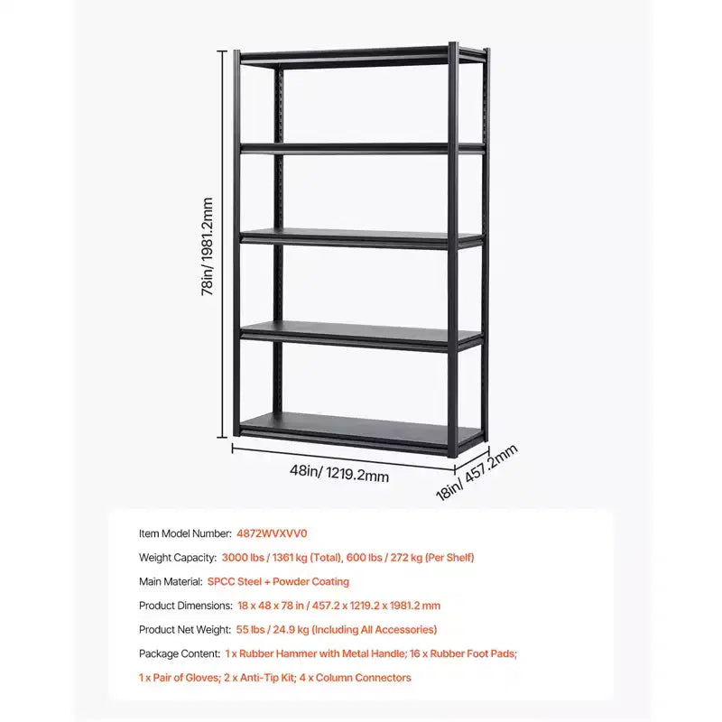 VEVOR Storage Shelves, 3000lbs, 5Tier Garage Storage Shelving, 18 Dx48 Wx78 H Adjustable Metal Shelves for Garage Shelves Utility Rack Shelf,Black