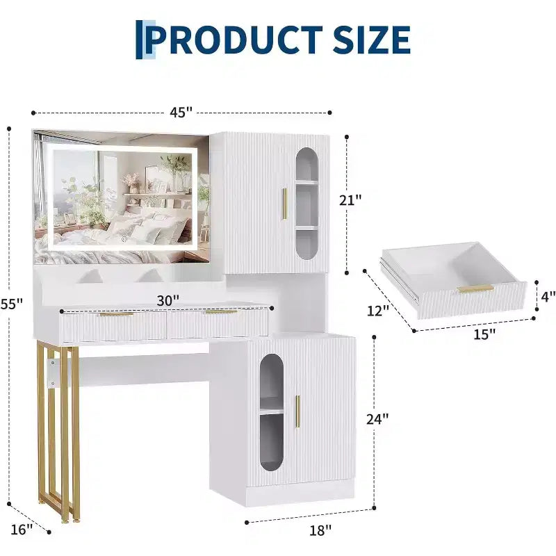 45 Wide Makeup Vanity with Large Cabinets, Drawers, Wooden Vanity Desk, Large Capacity for Bedroom